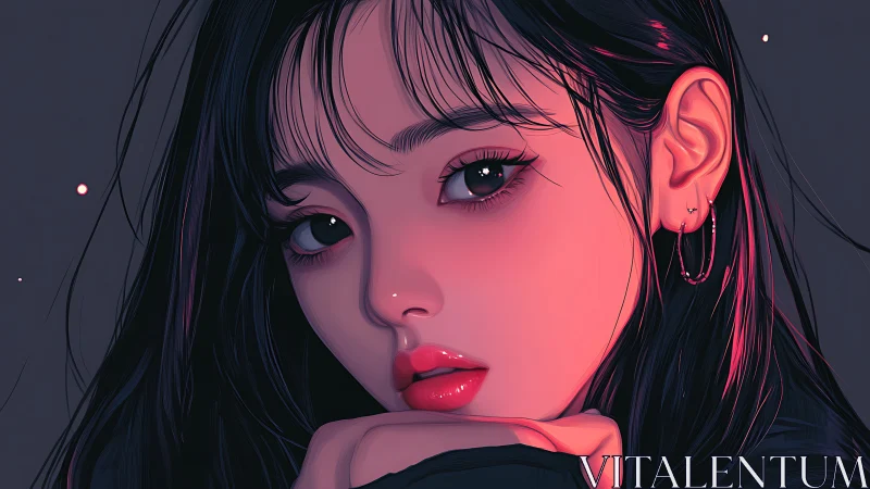 Digital portrait of young woman in pink side lighting.