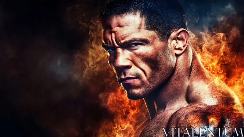Intense muscular warrior framed by erupting firestorm glow.