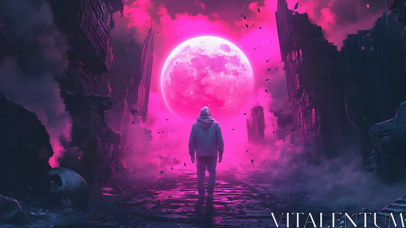 Figure in hoodie walks toward luminous magenta moon