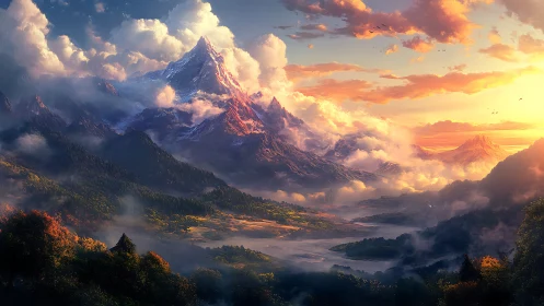 Digital painting of luminous alpine valley at sunrise panorama.