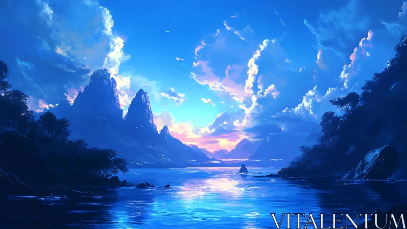 Vivid blue fantasy seascape with sharp mountain peaks.