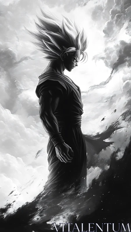 Monochrome anime warrior emerges from swirling storm clouds.