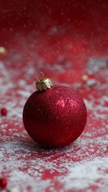 Red glitter Christmas ornament rests on snowy red surface