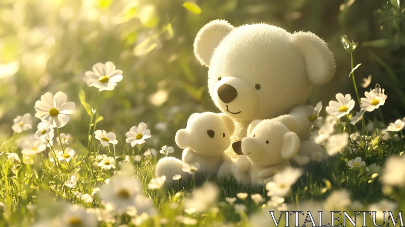 Stuffed bear figures sit among daisies in soft sunlight
