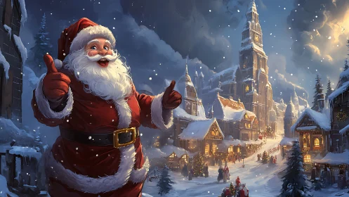 Santa in snowy village, cinematic Christmas lighting scene.