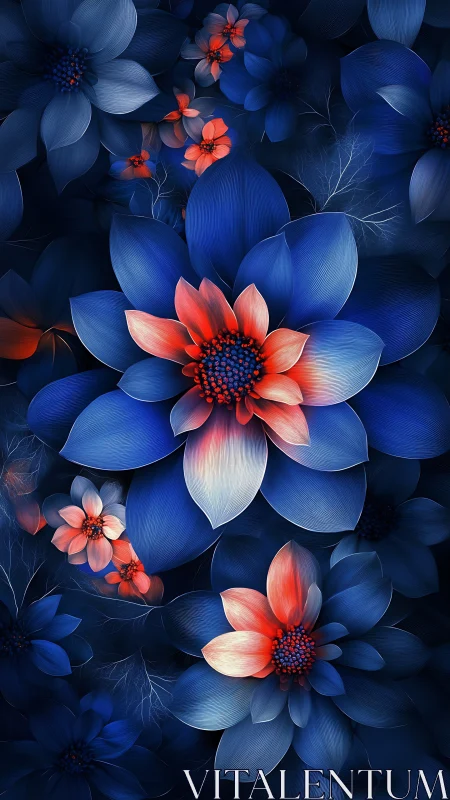 Coral and Blue Blooms Dancing in Darkness.