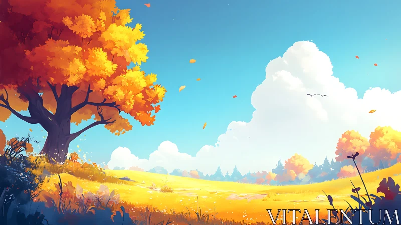 Autumn tree dominates bright meadow under expansive blue sky