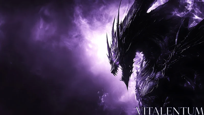 Shadow dragon emerges from glowing violet cosmic storm