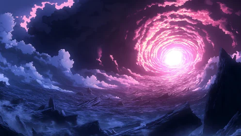 Violet sky vortex over fragmented seascape and cliffs.