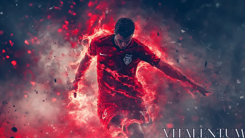 Soccer player in red kit surrounded by dynamic red energy