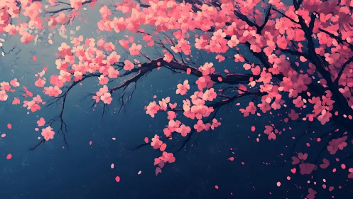 Digital rendering of flowering tree branches against darkening gradient background