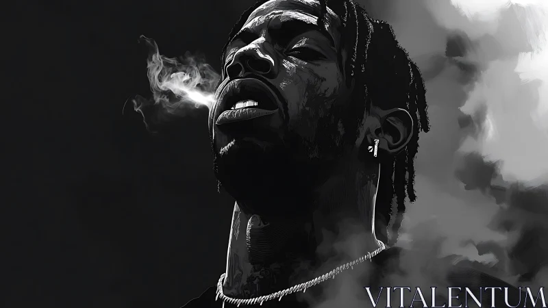 Monochrome portrait of man exhaling smoke upward