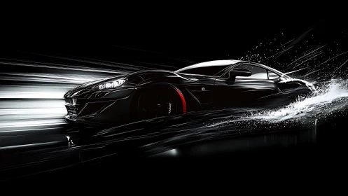 High-gloss sports coupe cuts through liquid light at speed
