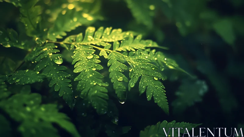 Gentle fern leaves glowing softly after a quiet rainfall.