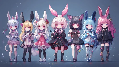 Row of chibi kemonomimi girls in detailed pastel gothic outfits