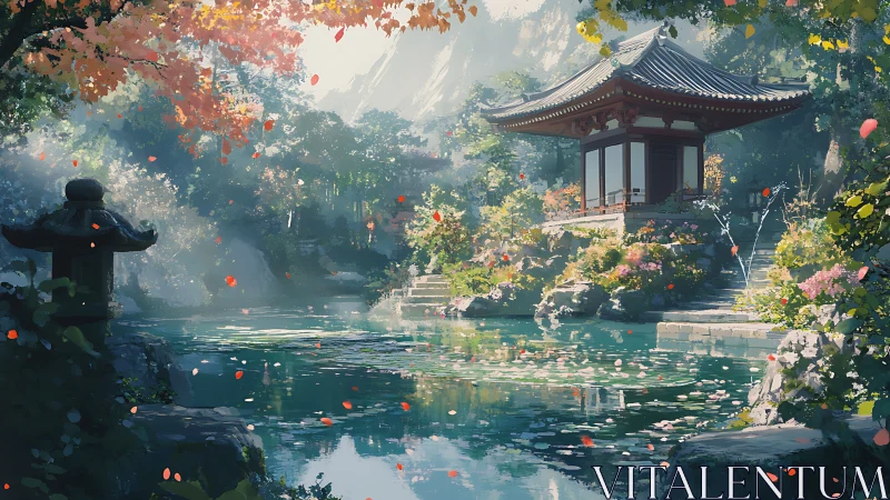 Serene Japanese pavilion over reflective pond in dappled light.