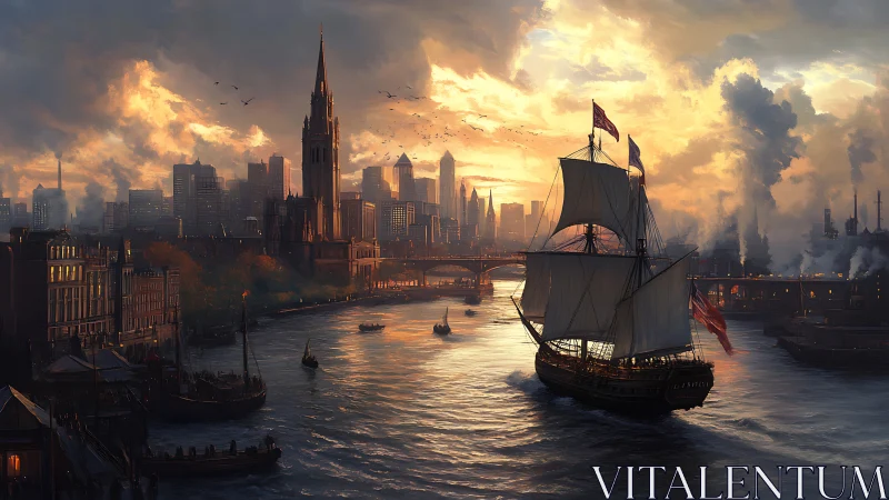 Tall ship sails through industrial city river at sunset