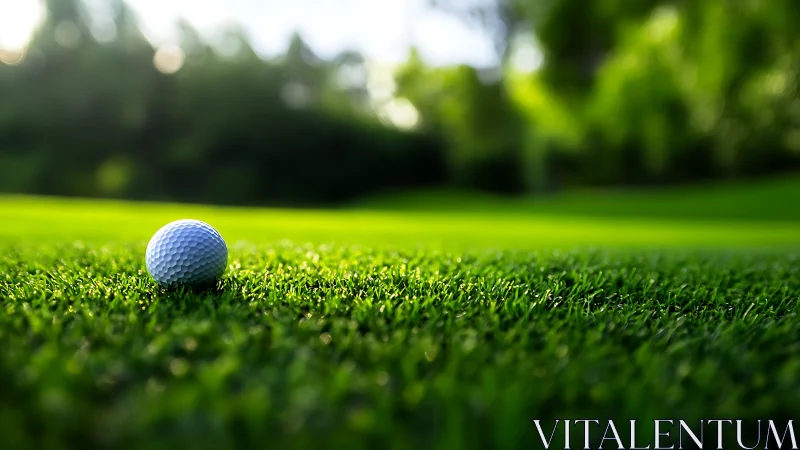Close-up golf ball on vibrant fairway in golden light.