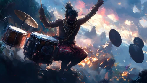 Dynamic tribal drummer in fiery atmospheric landscape.