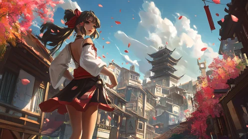 Dynamic anime heroine overlooks sunlit neo-traditional cityscape