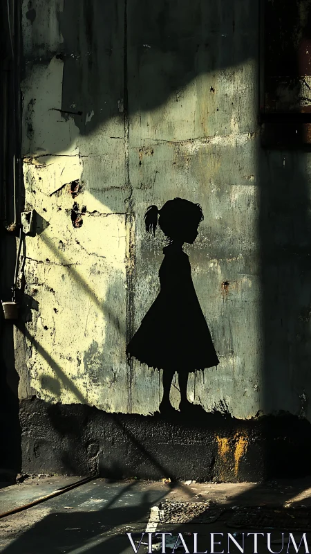 Silhouette of young girl stencil on decayed concrete wall.