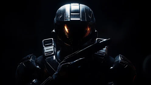 Quiet vigil of a futuristic armored guardian in shadowed light.