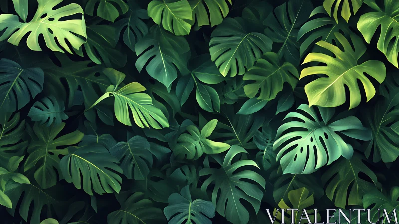 Layered monstera foliage rendered with soft digital gradients