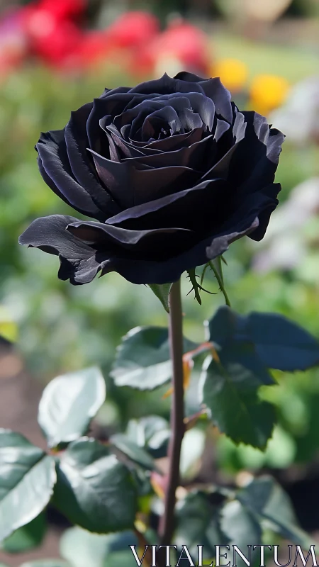 Deep Burgundy Black Rose Bloom With Layered Petals In Garden Setting