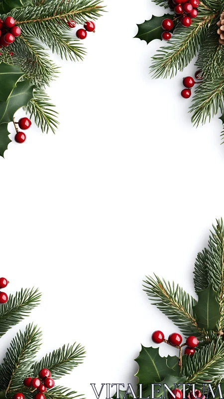 Festive fir and holly border framing bright white space.