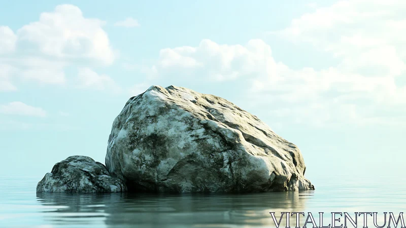 Sunlit coastal rock formation mirrored on calm water surface.