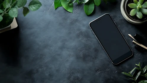 Smartphone rests on dark desk beside lush green plants.
