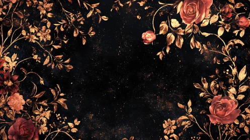 Floral arrangement with gold foliage and roses on dark background.