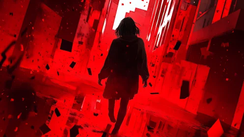 Crimson alley walk into a storm of drifting shadows and light.