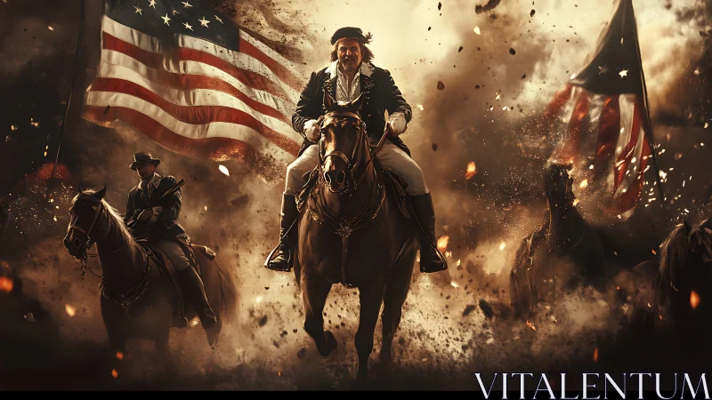 Revolutionary era cavalry charge under American flags.