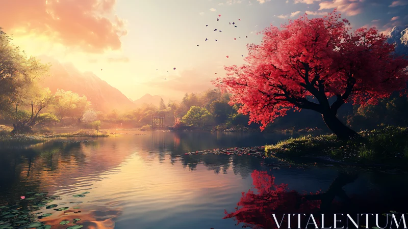 Red tree by tranquil mountain lake at warm sunset light.