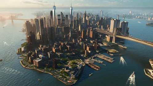 Sunlit towers stretch seaward as the island hums with motion