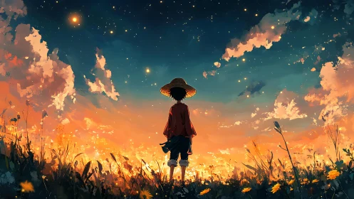 Figure in straw hat observes luminous sky over field