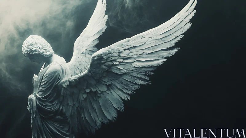 Marble angel statue spreads luminous wings in shadowed mist