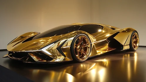 Golden hypercar concept with mirrored sculpted bodywork.