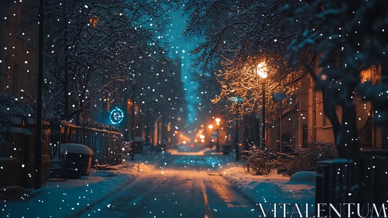 Nocturnal snowfall over lamplit urban winter corridor.