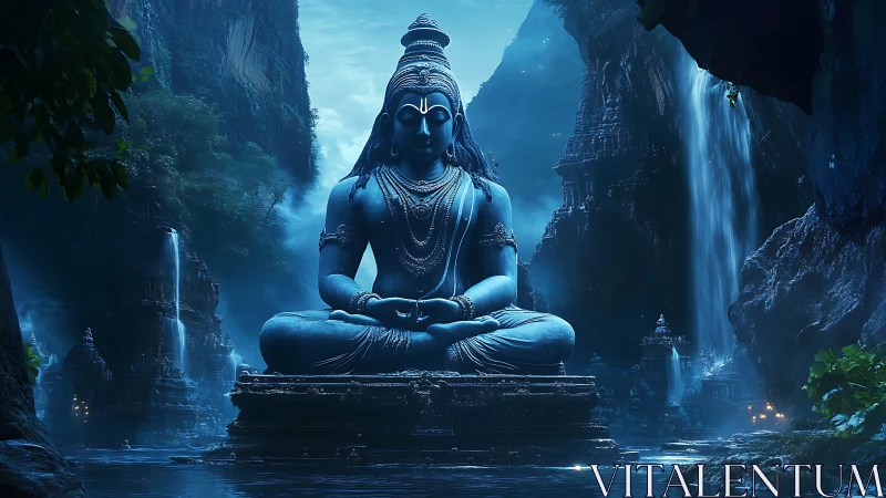 Majestic blue Shiva statue meditates within misty canyon temple