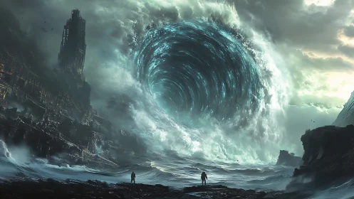 Mystic ocean vortex beckons two wanderers toward wonder.