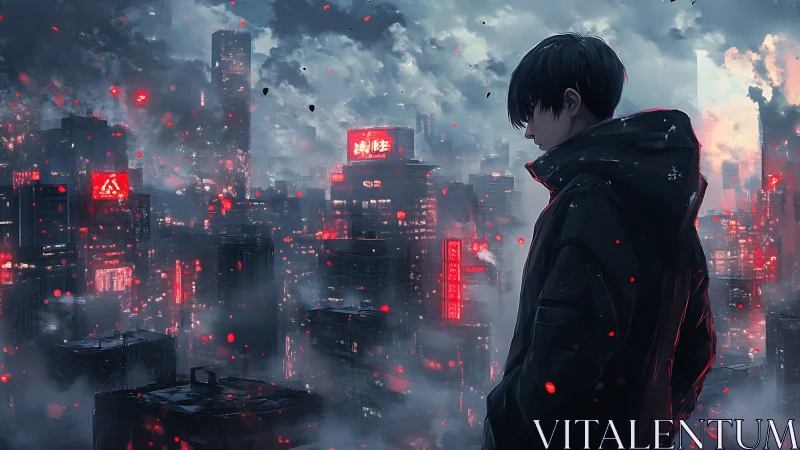 Figure stands over dense neon cityscape under storm clouds