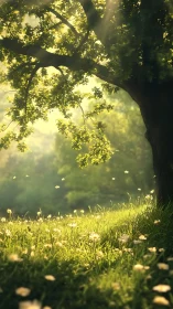 Sunlit meadow tree bathes wildflowers in warm golden light