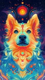 Psychedelic cosmic dog portrait in vivid neon colors.