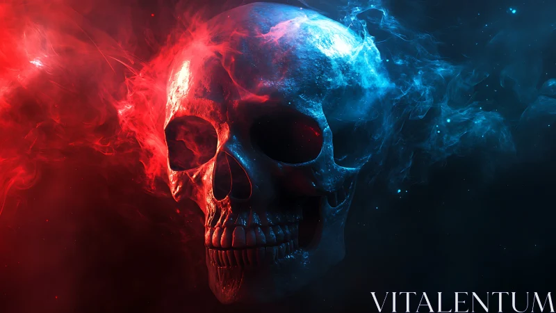 Bilateral neon skull rendered in high-contrast volumetric lighting
