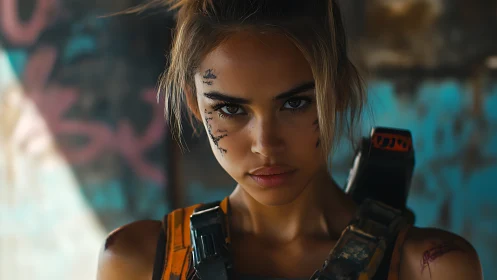 Female subject in tactical gear with facial markings, indoors.