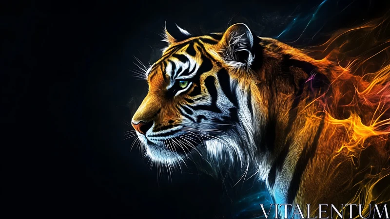 Spectral-profile tiger rendered in luminous plasma filaments.