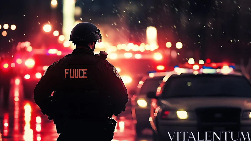 Neon downpour patrol in a siren-soaked midnight corridor.