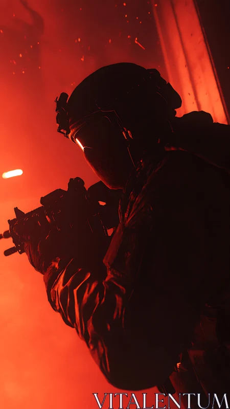 Tactical soldier silhouette holds rifle in red backlight haze
